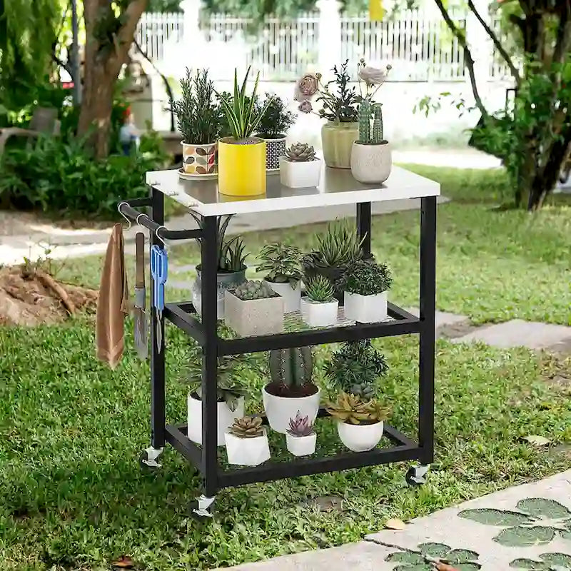 Chariot de desserte extérieur à 3 niveaux avec plateau en acier inoxydable et roulettes verrouillables - Noir