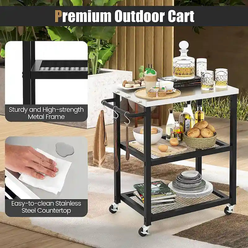 Chariot de desserte extérieur à 3 niveaux avec plateau en acier inoxydable et roulettes verrouillables - Noir