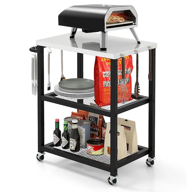 Chariot de desserte extérieur à 3 niveaux avec plateau en acier inoxydable et roulettes verrouillables - Noir
