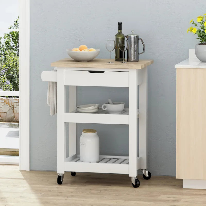 Desserte de cuisine en bois d'hévéa blanc avec plateau en bois, étagères à lattes ouvertes, tiroir et porte-serviettes