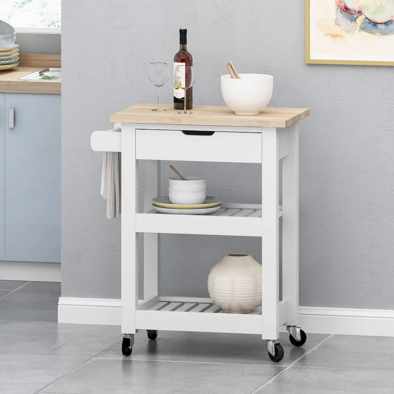 Desserte de cuisine en bois d'hévéa blanc avec plateau en bois, étagères à lattes ouvertes, tiroir et porte-serviettes
