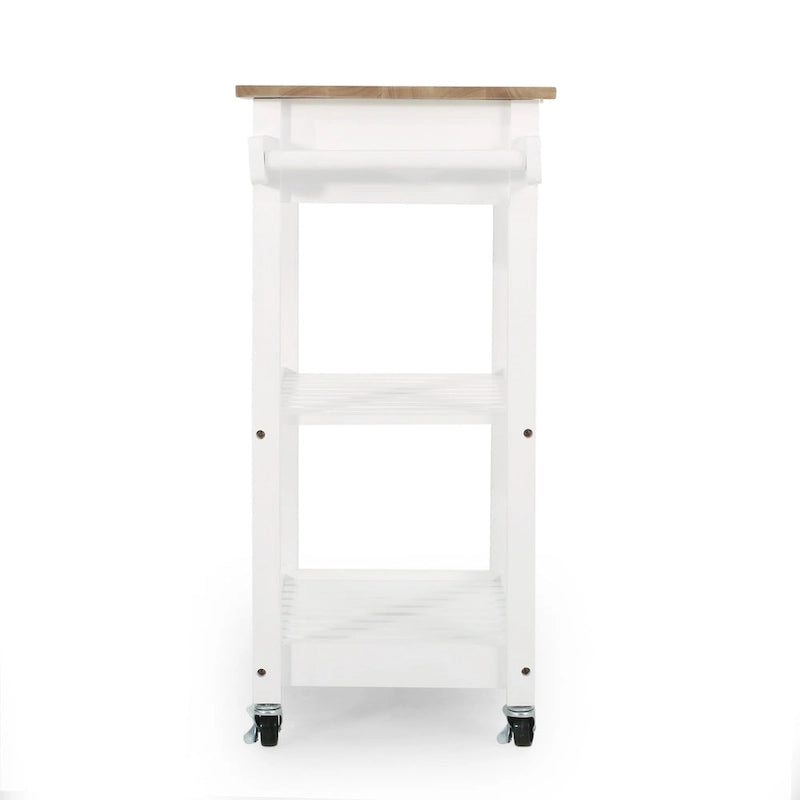 Desserte de cuisine en bois d'hévéa blanc avec plateau en bois, étagères à lattes ouvertes, tiroir et porte-serviettes