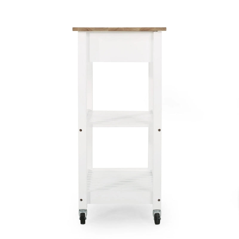 Desserte de cuisine en bois d'hévéa blanc avec plateau en bois, étagères à lattes ouvertes, tiroir et porte-serviettes