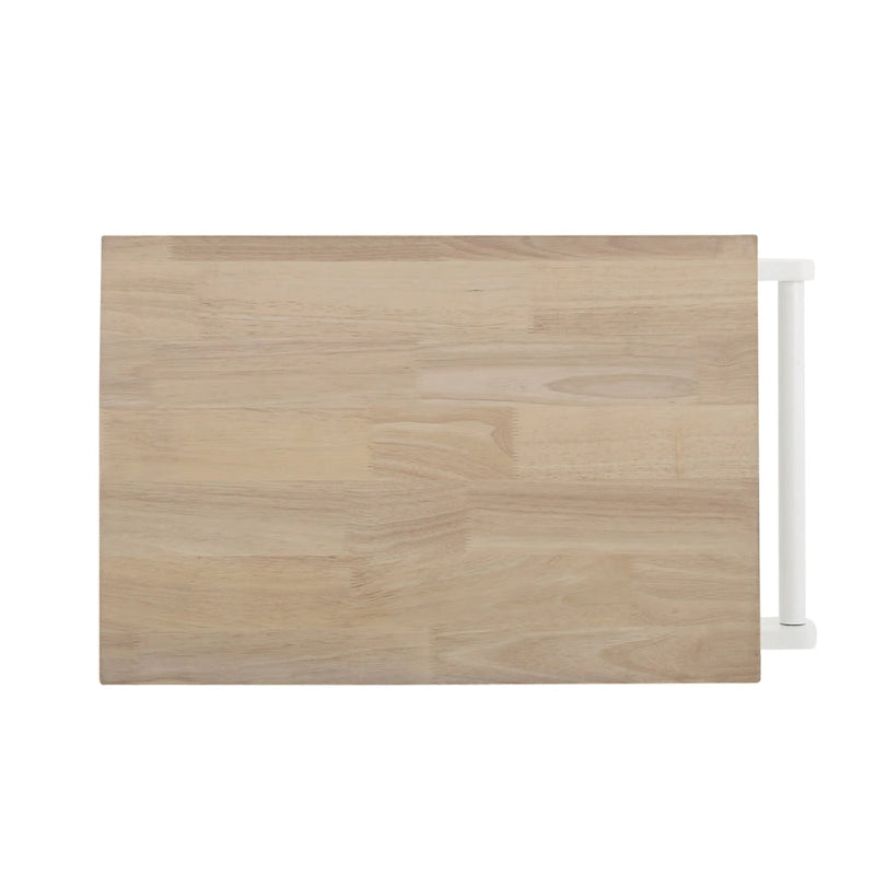 Desserte de cuisine en bois d'hévéa blanc avec plateau en bois, étagères à lattes ouvertes, tiroir et porte-serviettes