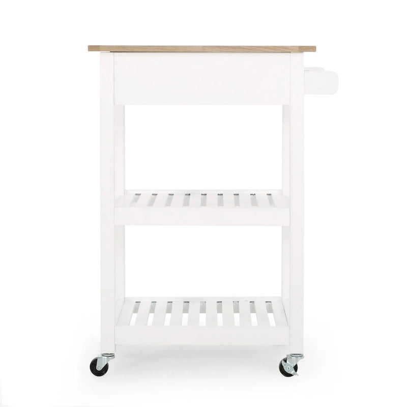 Desserte de cuisine en bois d'hévéa blanc avec plateau en bois, étagères à lattes ouvertes, tiroir et porte-serviettes