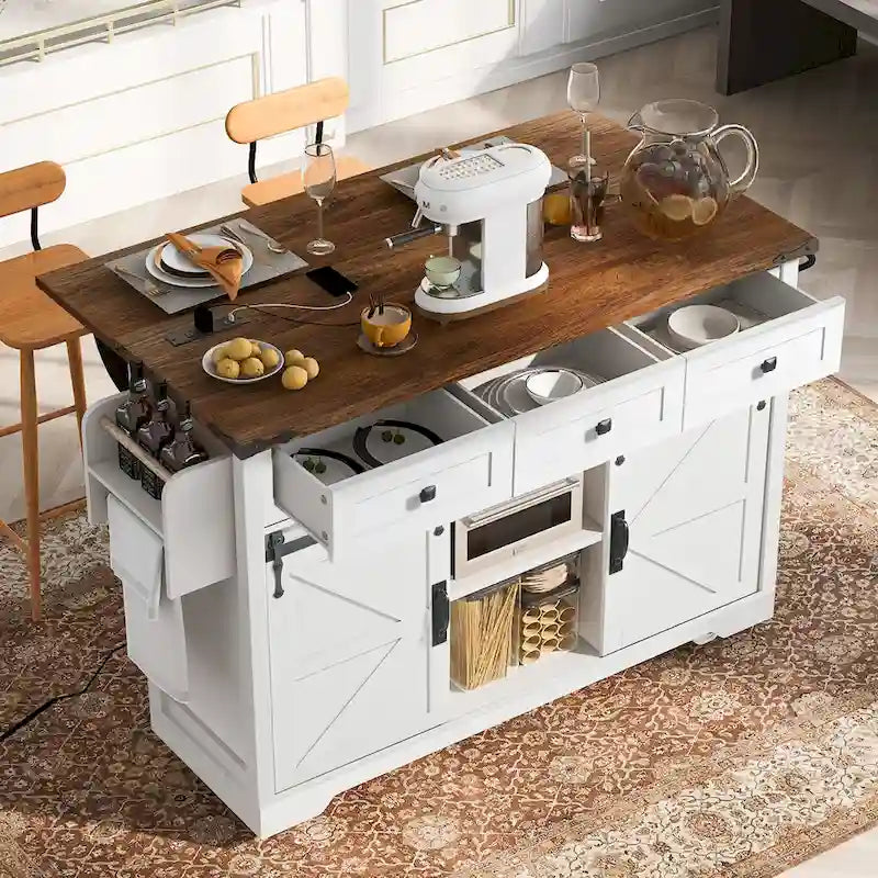 Ilot de cuisine rustique avec abattant, portes coulissantes de grange et prise électrique intégrée