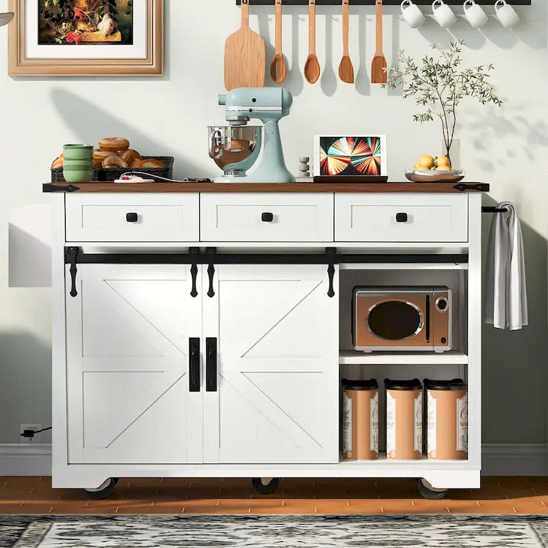 Ilot de cuisine rustique avec abattant, portes coulissantes de grange et prise électrique intégrée