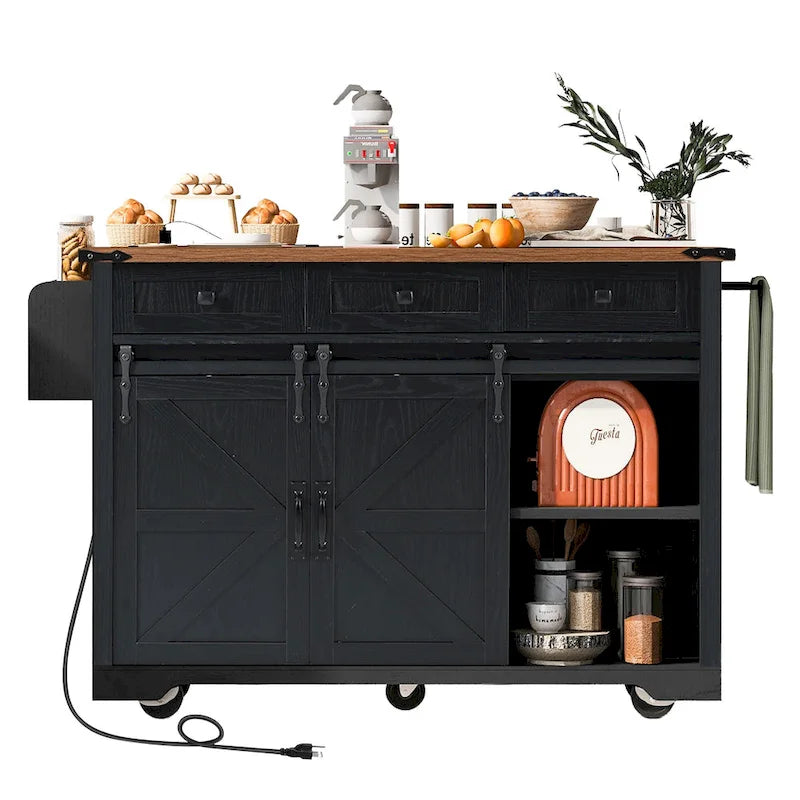Ilot de cuisine rustique avec abattant, portes coulissantes de grange et prise électrique intégrée