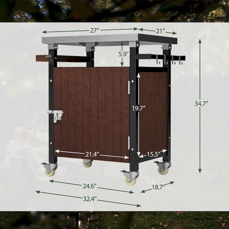 Desserte de barbecue d'extérieur avec plateau en acier inoxydable, armoire de rangement et roulettes