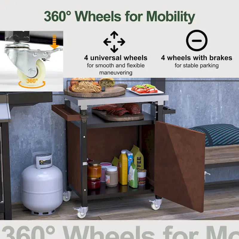 Desserte de barbecue d'extérieur avec plateau en acier inoxydable, armoire de rangement et roulettes