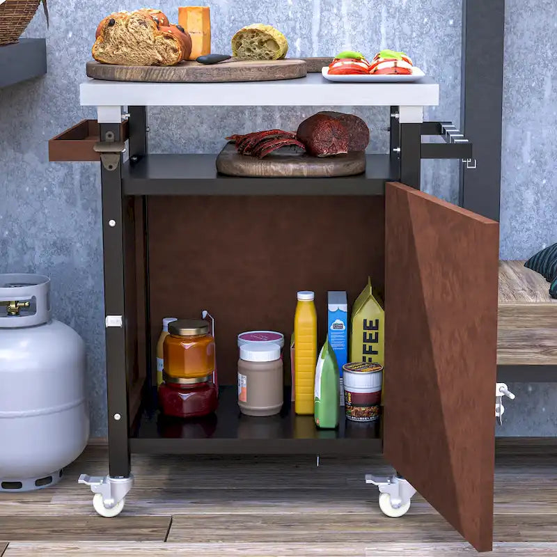 Desserte de barbecue d'extérieur avec plateau en acier inoxydable, armoire de rangement et roulettes
