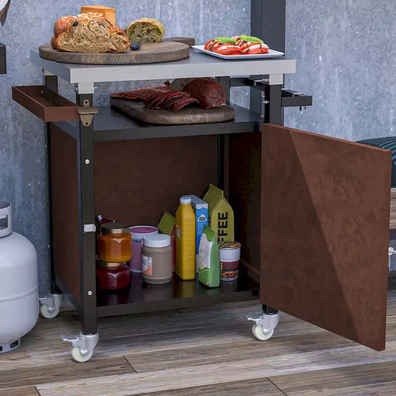 Desserte de barbecue d'extérieur avec plateau en acier inoxydable, armoire de rangement et roulettes