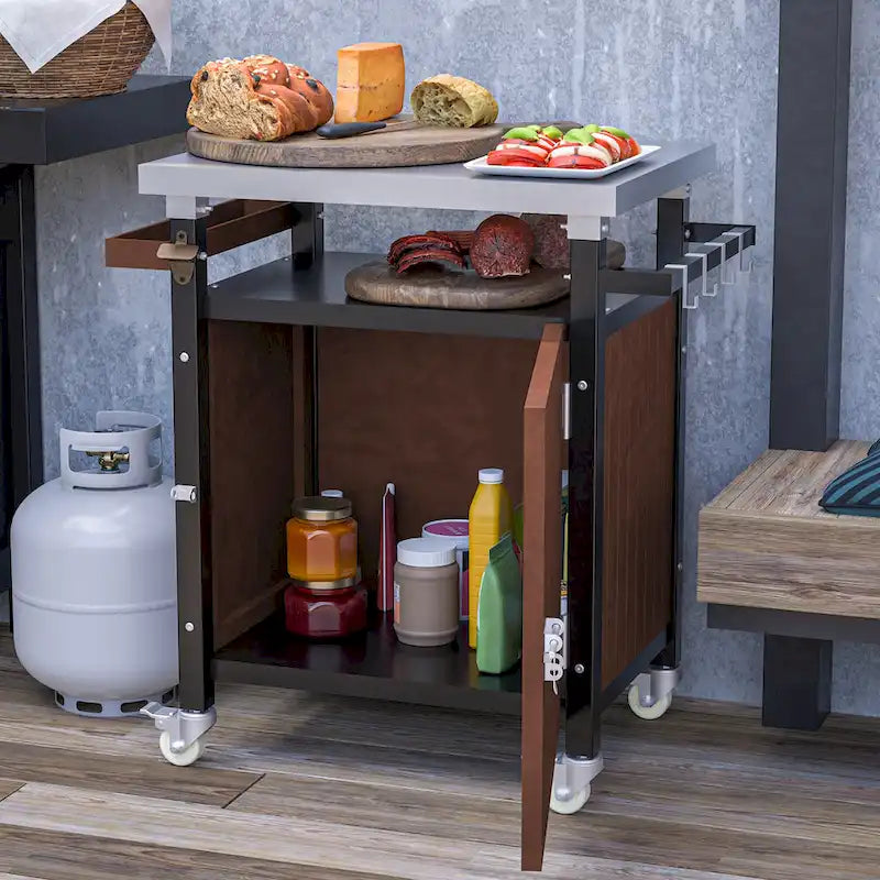 Desserte de barbecue d'extérieur avec plateau en acier inoxydable, armoire de rangement et roulettes
