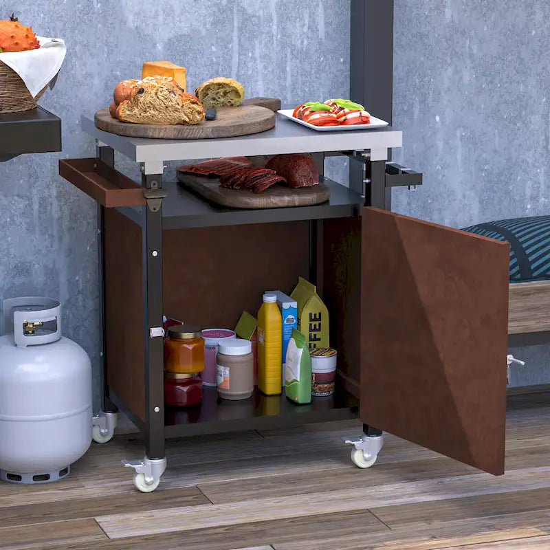 Desserte de barbecue d'extérieur avec plateau en acier inoxydable, armoire de rangement et roulettes
