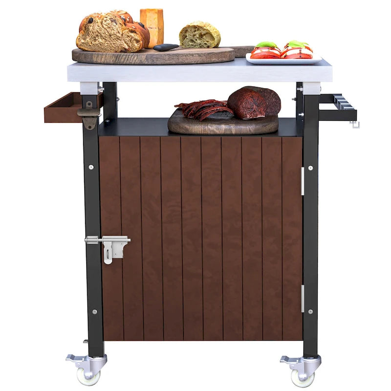 Desserte de barbecue d'extérieur avec plateau en acier inoxydable, armoire de rangement et roulettes