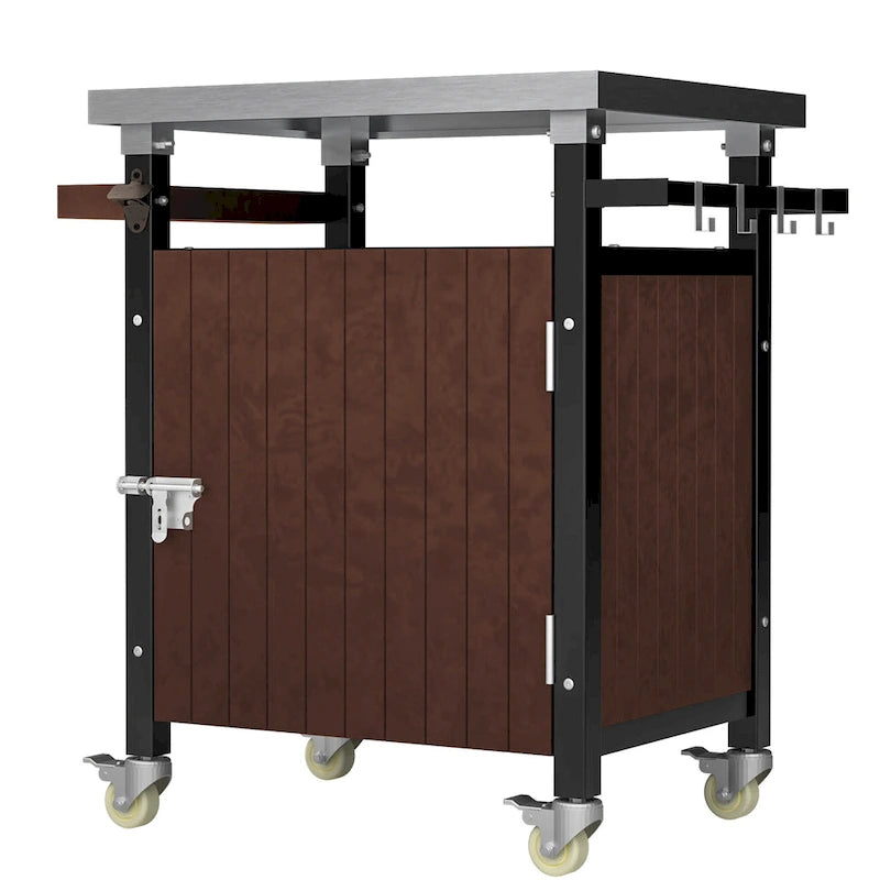 Desserte de barbecue d'extérieur avec plateau en acier inoxydable, armoire de rangement et roulettes