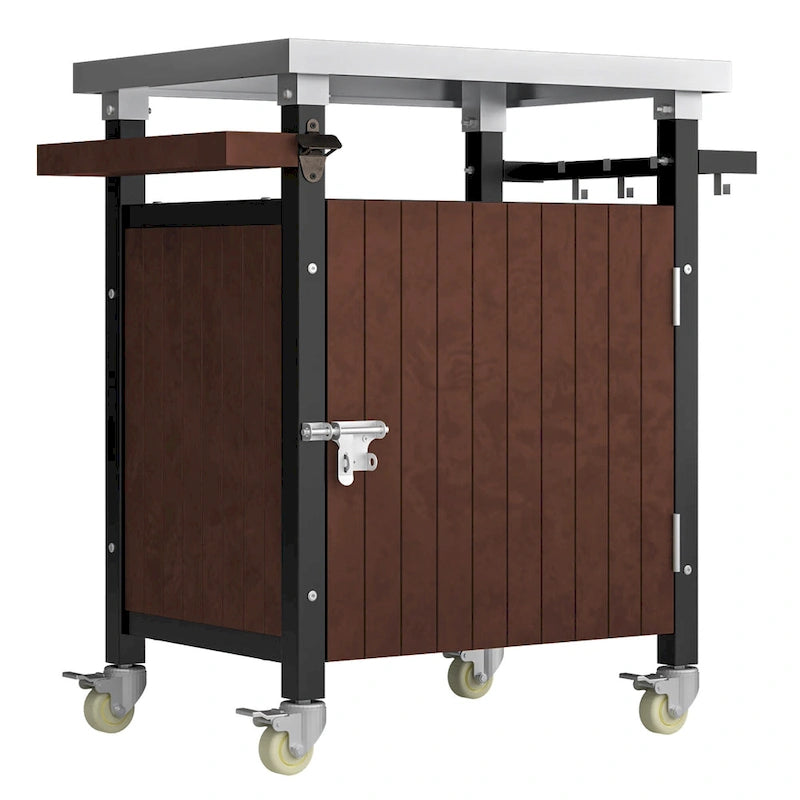 Desserte de barbecue d'extérieur avec plateau en acier inoxydable, armoire de rangement et roulettes