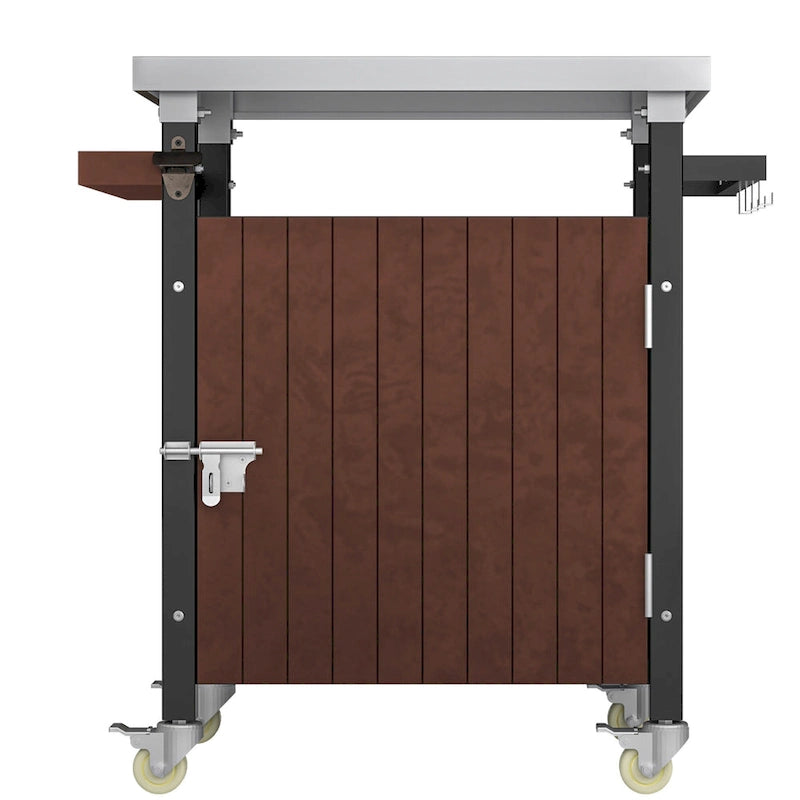 Desserte de barbecue d'extérieur avec plateau en acier inoxydable, armoire de rangement et roulettes