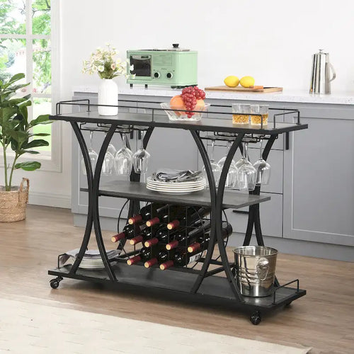 Desserte de bar industrielle en métal à 3 niveaux avec porte-bouteilles et verres à vin sur roulettes