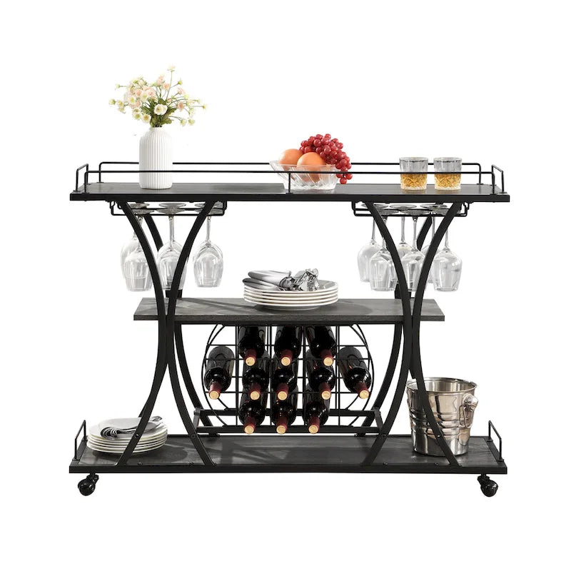Desserte de bar industrielle en métal à 3 niveaux avec porte-bouteilles et verres à vin sur roulettes