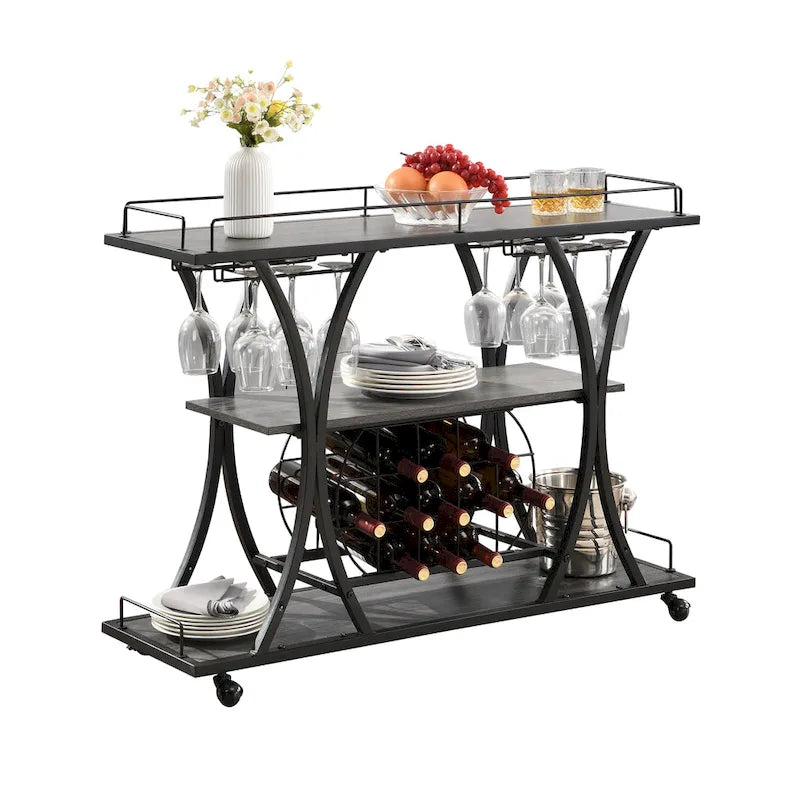 Desserte de bar industrielle en métal à 3 niveaux avec porte-bouteilles et verres à vin sur roulettes