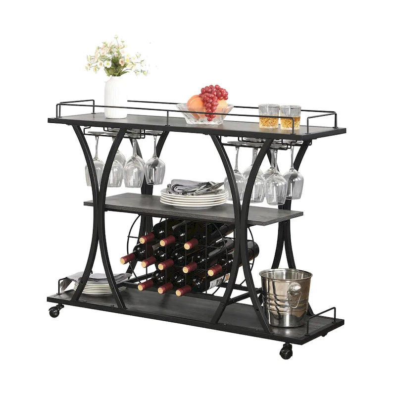 Desserte de bar industrielle en métal à 3 niveaux avec porte-bouteilles et verres à vin sur roulettes