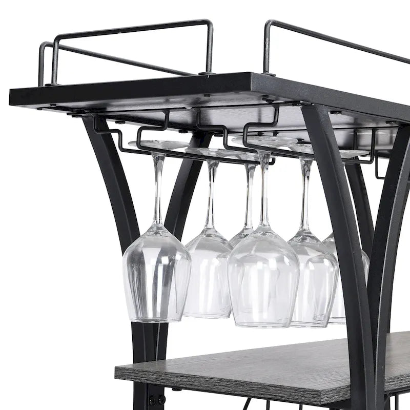 Desserte de bar industrielle en métal à 3 niveaux avec porte-bouteilles et verres à vin sur roulettes