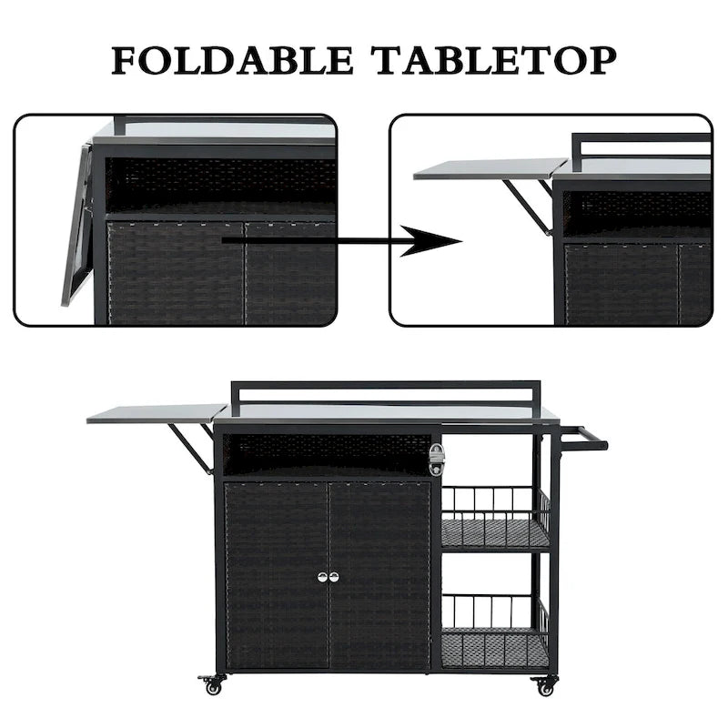 Desserte d'extérieur avec plateau pliable en acier inoxydable, armoire en rotin PE et décapsuleur, marron foncé