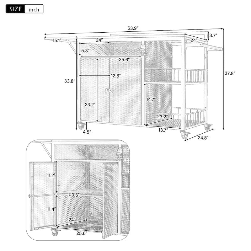 Desserte d'extérieur avec plateau pliable en acier inoxydable, armoire en rotin PE et décapsuleur, marron foncé