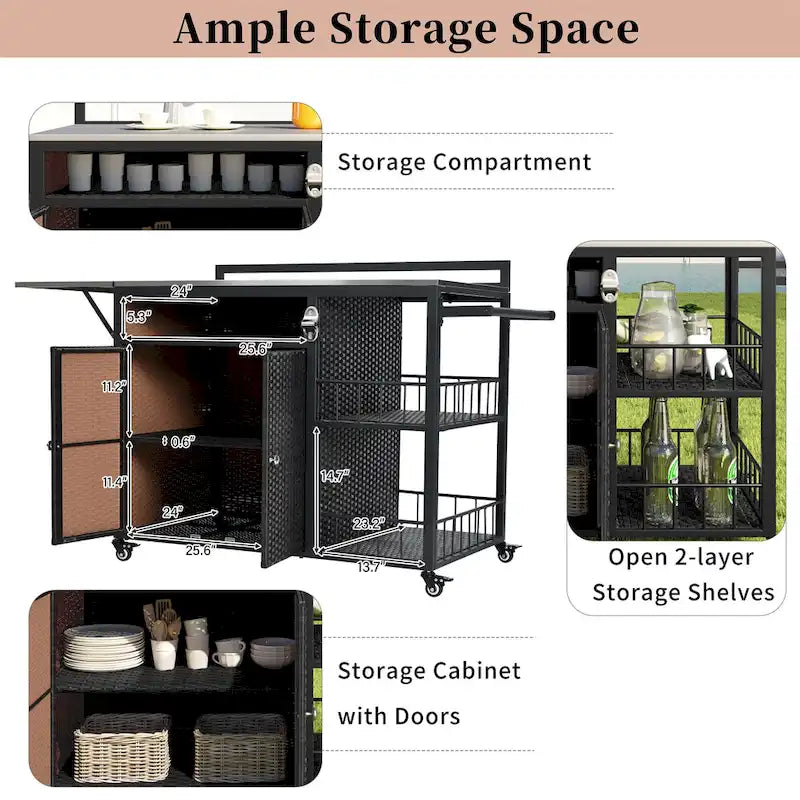 Desserte d'extérieur avec plateau pliable en acier inoxydable, armoire en rotin PE et décapsuleur, marron foncé