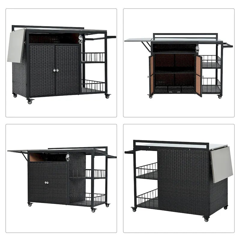 Desserte d'extérieur avec plateau pliable en acier inoxydable, armoire en rotin PE et décapsuleur, marron foncé
