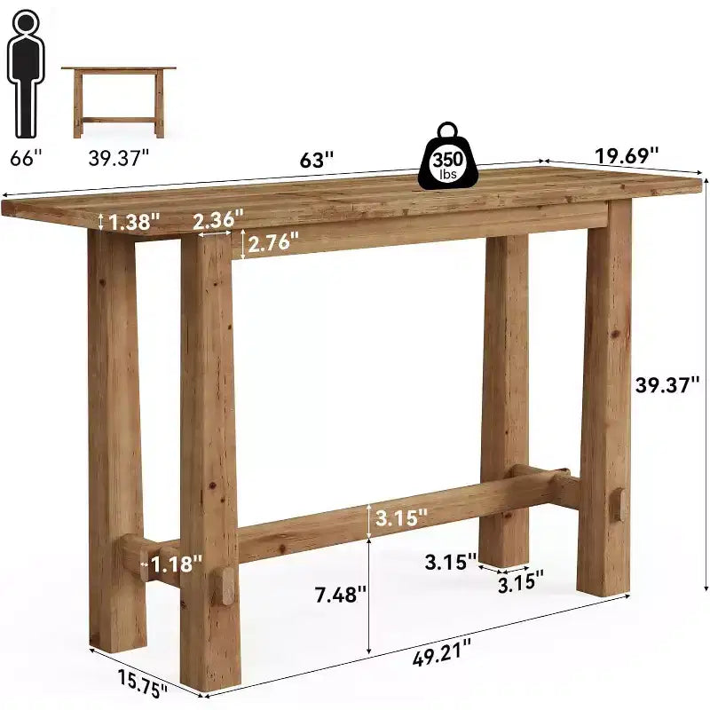 Table de bar haute en bois massif de 63 pouces pour cuisine, café ou restaurant