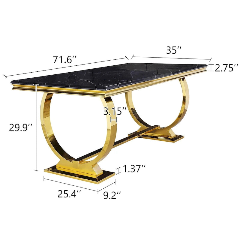 Table à manger de luxe avec piètement circulaire en métal poli - 72 pouces