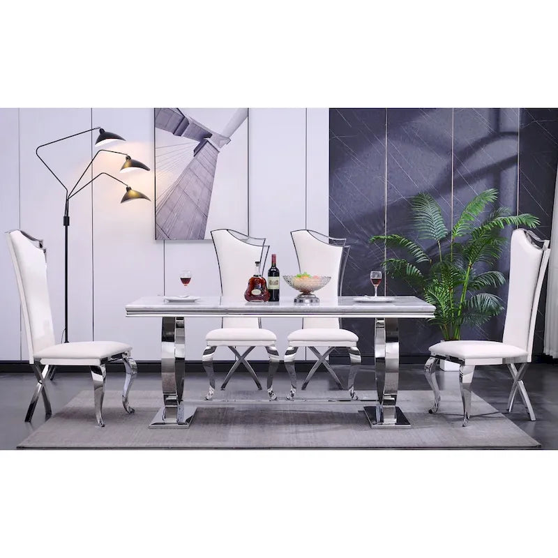 Table à manger de luxe avec piètement circulaire en métal poli - 72 pouces
