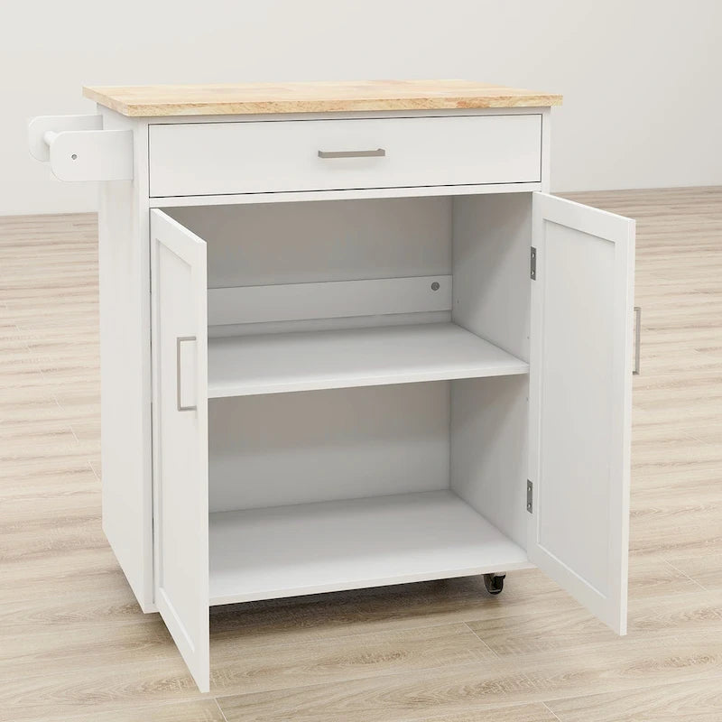 Desserte de cuisine roulante avec plateau en hévéa, placard à double porte et porte-serviettes - Blanc