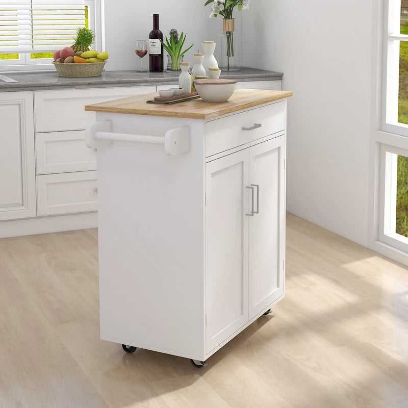 Desserte de cuisine roulante avec plateau en hévéa, placard à double porte et porte-serviettes - Blanc
