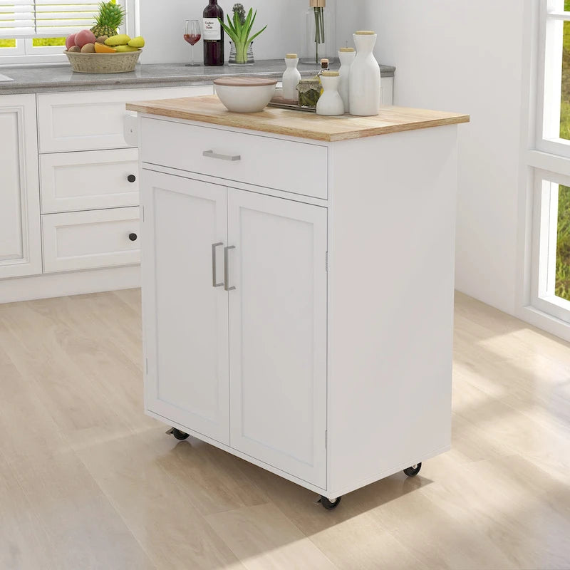 Desserte de cuisine roulante avec plateau en hévéa, placard à double porte et porte-serviettes - Blanc