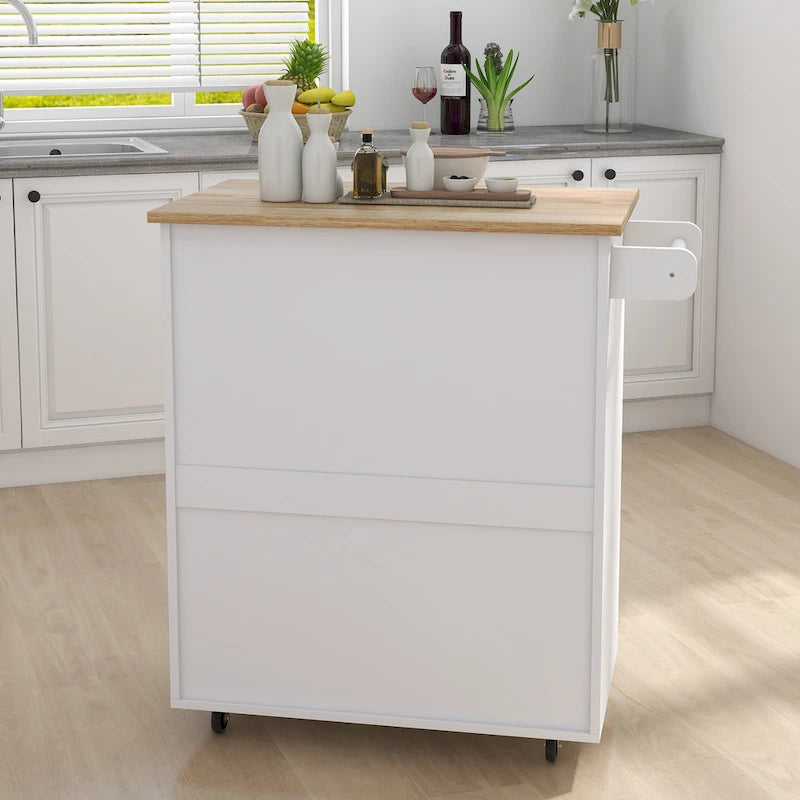 Desserte de cuisine roulante avec plateau en hévéa, placard à double porte et porte-serviettes - Blanc