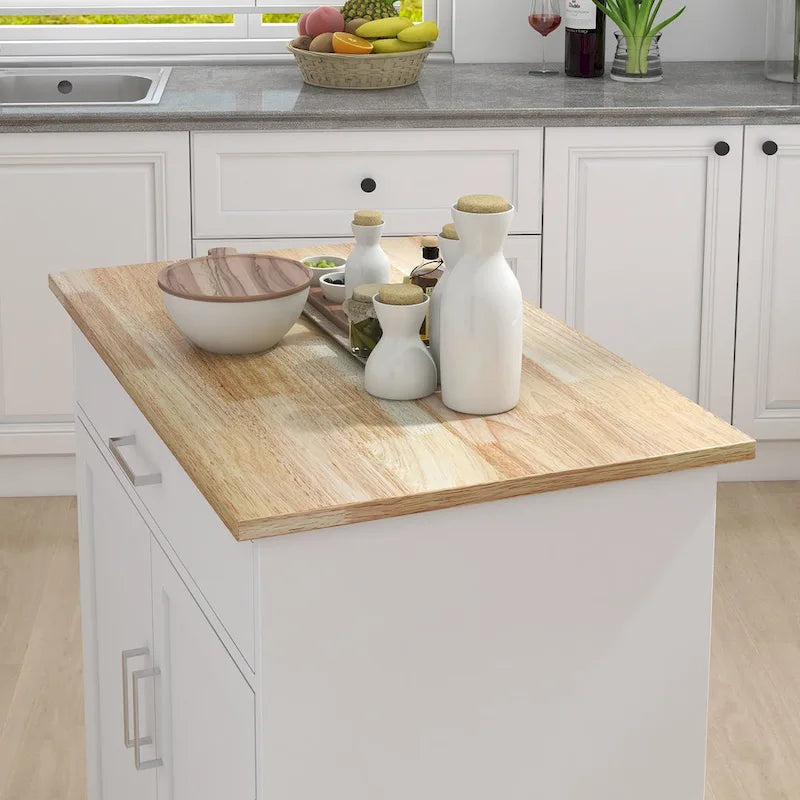 Desserte de cuisine roulante avec plateau en hévéa, placard à double porte et porte-serviettes - Blanc