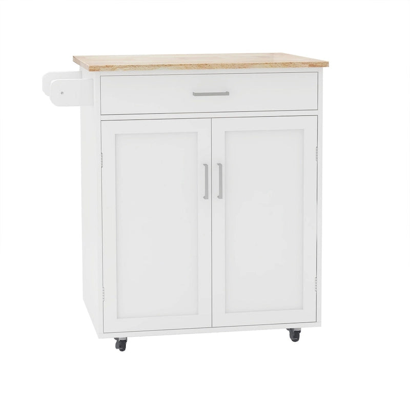 Desserte de cuisine roulante avec plateau en hévéa, placard à double porte et porte-serviettes - Blanc