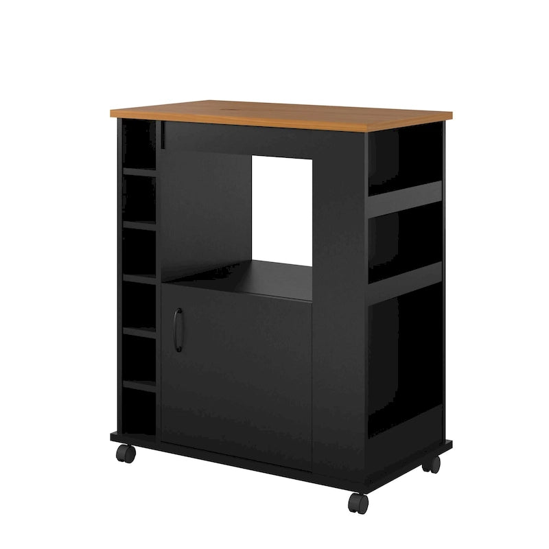 Chariot de cuisine multi-rangement avec casiers à vin et plateau effet bois - Noir