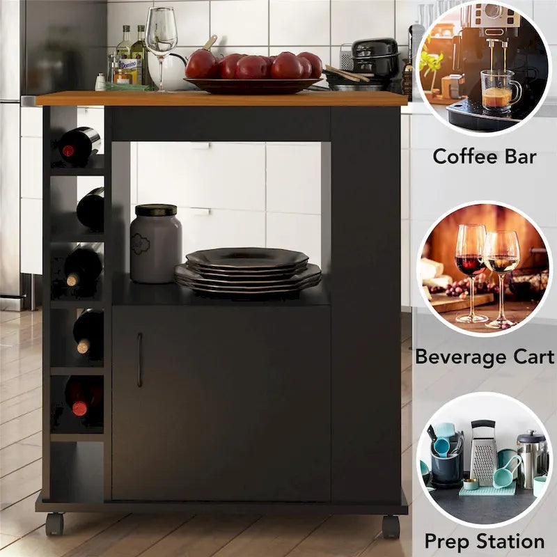 Chariot de cuisine multi-rangement avec casiers à vin et plateau effet bois - Noir