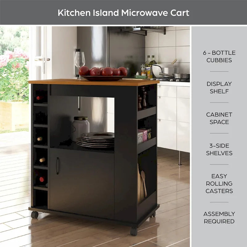 Chariot de cuisine multi-rangement avec casiers à vin et plateau effet bois - Noir