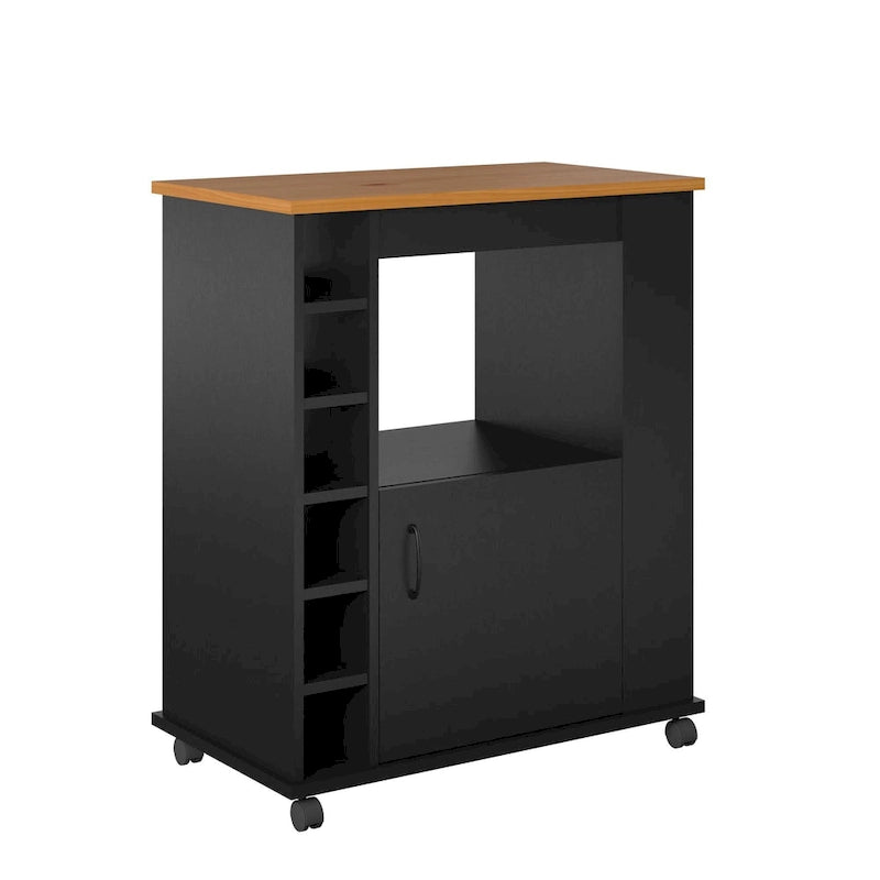 Chariot de cuisine multi-rangement avec casiers à vin et plateau effet bois - Noir
