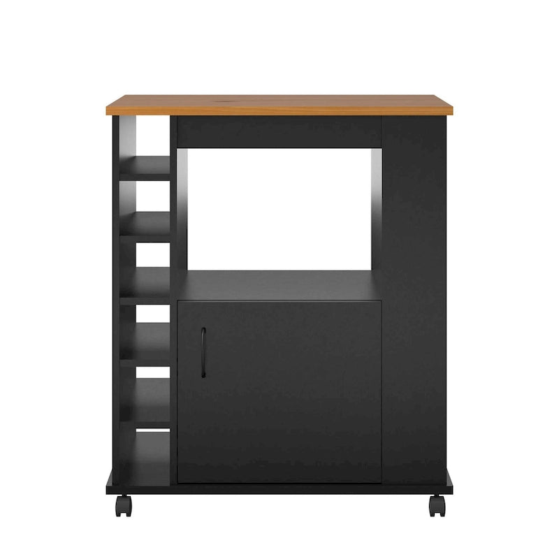 Chariot de cuisine multi-rangement avec casiers à vin et plateau effet bois - Noir