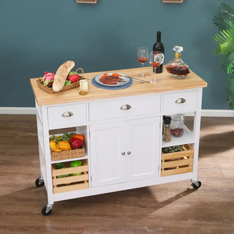 Chariot de cuisine 3 niveaux en bois avec placard, tiroir et roulettes verrouillables - Blanc