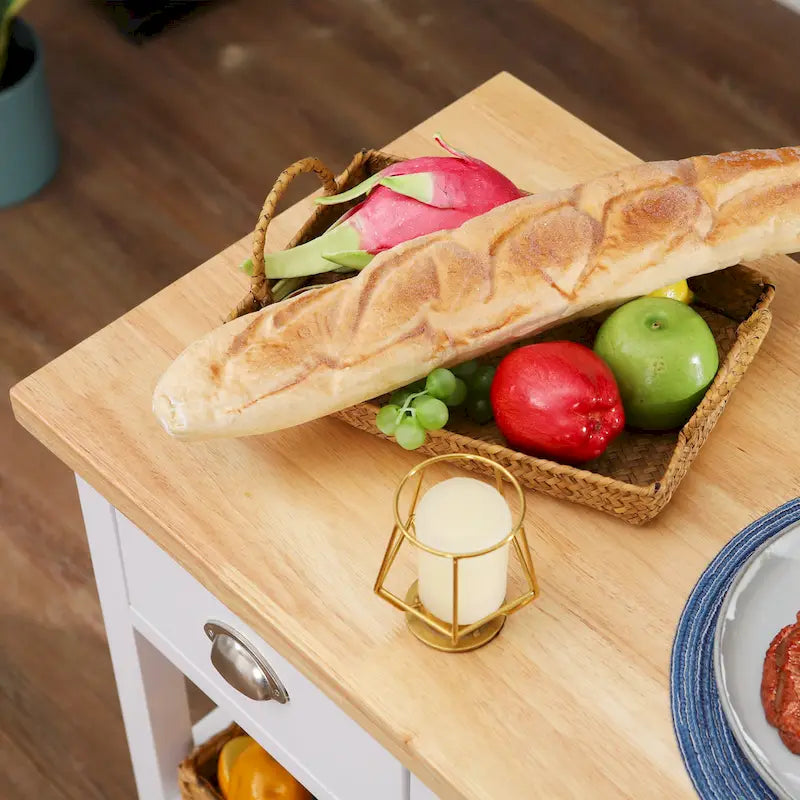 Chariot de cuisine 3 niveaux en bois avec placard, tiroir et roulettes verrouillables - Blanc