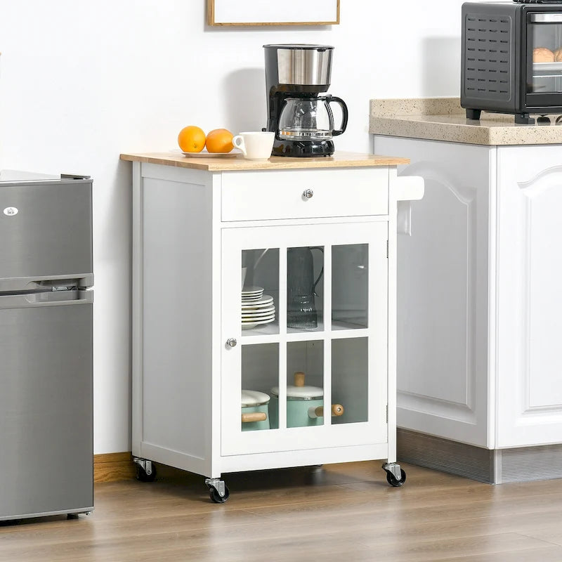 Desserte de cuisine roulante avec tiroir, armoire à porte vitrée et porte-serviettes