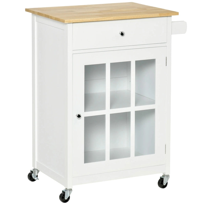Desserte de cuisine roulante avec tiroir, armoire à porte vitrée et porte-serviettes