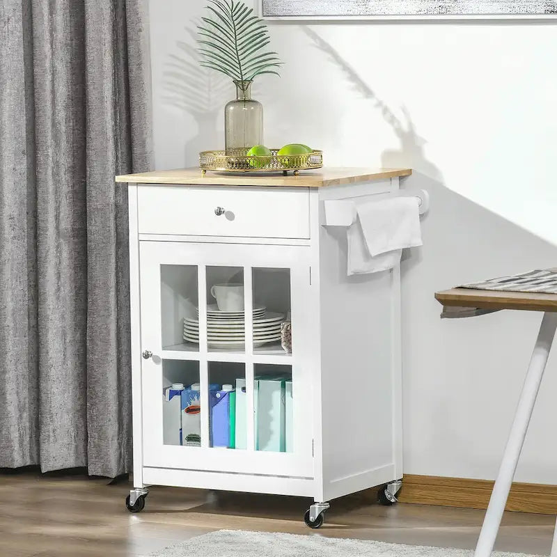 Desserte de cuisine roulante avec tiroir, armoire à porte vitrée et porte-serviettes